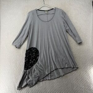 Maggy Rose Striped Tunic‎ Lagenlook Black White Lace Detail Size L Made in USA